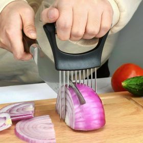 Stainless Steel Onion Holder Slicer Vegetable Tools Tomato Cutter Kitchen Gadget Steel Onion Needle With Cutting Safe Aid Holder Easy Slicer Cutt