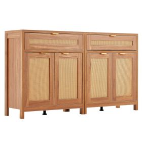 Rattan Cabinet with 4 Doors 2 Drawers Adjustable Shelves Set of 2 Natural