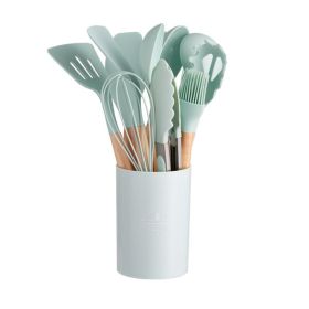 11pcs Wooden Handle Silicone Kitchen Utensils Set Storage Bucket Non-stick Shovel Spoon Cooking Kitchen Utensils 11 Pieces Set Silicone Shovel Spoon (Color: Light green)